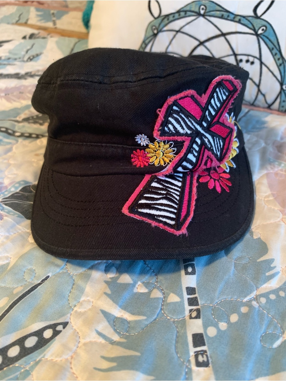 Womens Black Military Style Cap with Pink Zebra Cross Embroidery